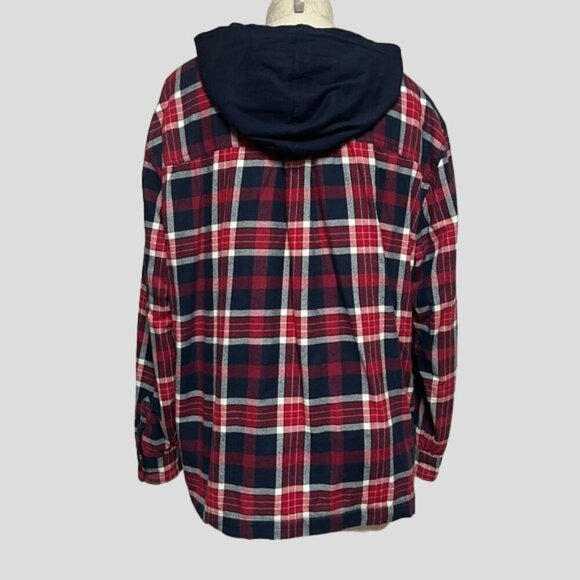 Eddie Bauer Navy & Red Plaid Button Down Lined Hooded Shacket - Picture 2 of 12